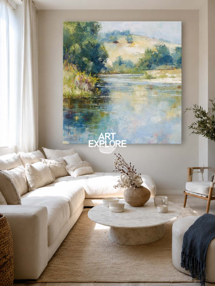 Serene Country River Art Print In Square Format With Soft Blue And Green Tones For Bedroom Wall