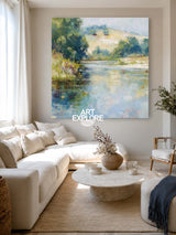 Serene Country River Art Print In Square Format With Soft Blue And Green Tones For Bedroom Wall