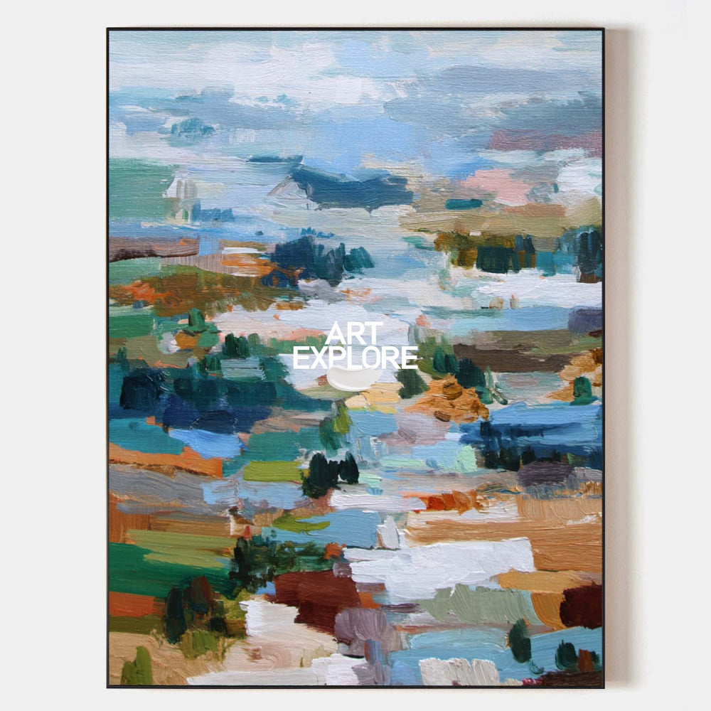 Original Abstract Landscape Oil Painting With Mosaic Patchwork Effect For Modern Home Decor