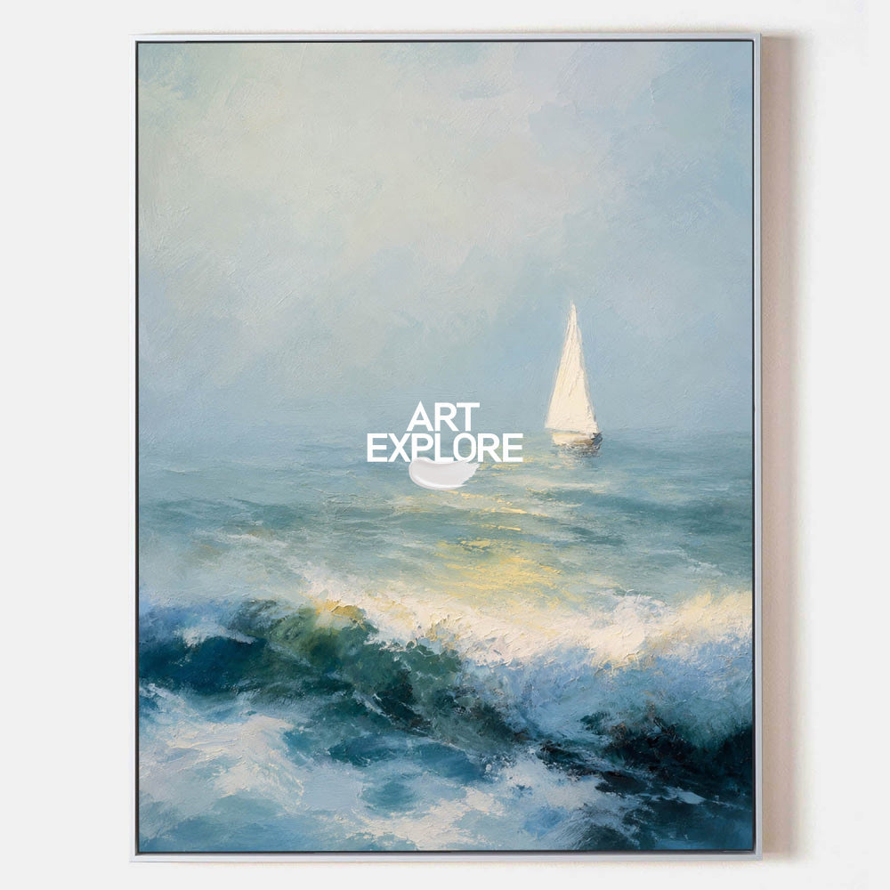 Textured Seascape Oil Painting With Sailboat For Modern Coastal Living Room Decor