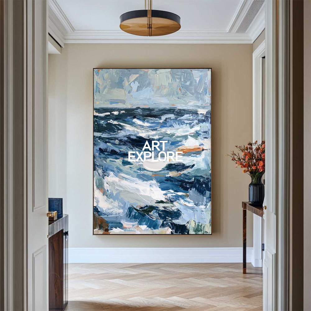 Original Abstract Seascape Painting Blue Wave Art For Living Room Decor