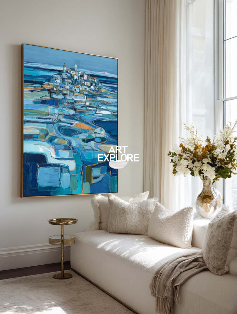 Blue And Orange Abstract Landscape Art With Textured Brushstrokes On Linen Canvas