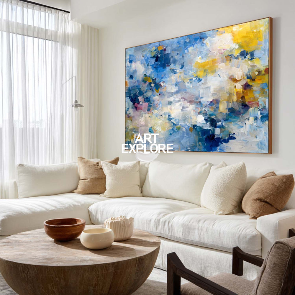 Abstract Impressionist Painting With Blue And Yellow Textured Art For Modern Living Room