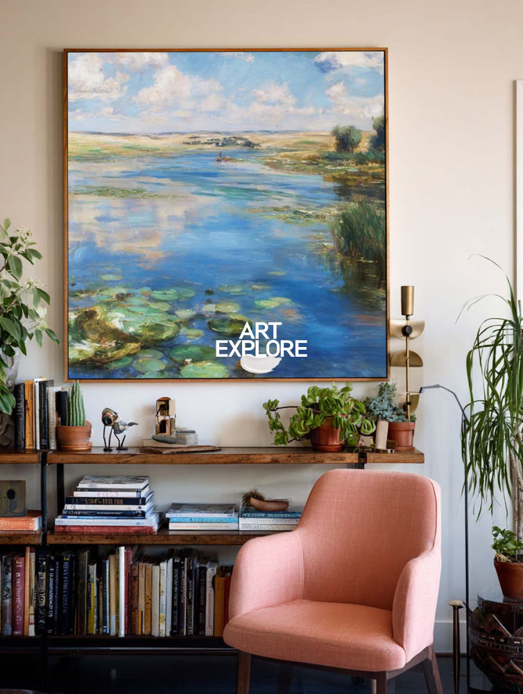 Original Impressionist Wetland Landscape Painting With Blue Sky And Green Water For Living Room Decor