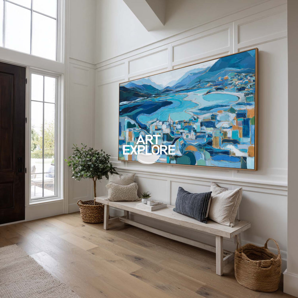 Abstract Coastal Seascape Painting With Gold Accents For Modern Living Room Decor