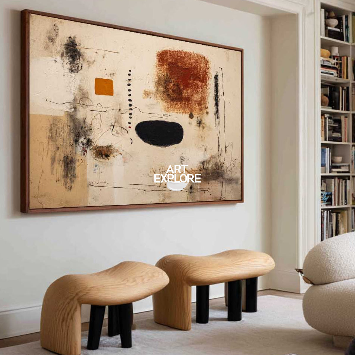 Large Modern Abstract Painting With Earthy Beige And Black Tones For Living Room Decor