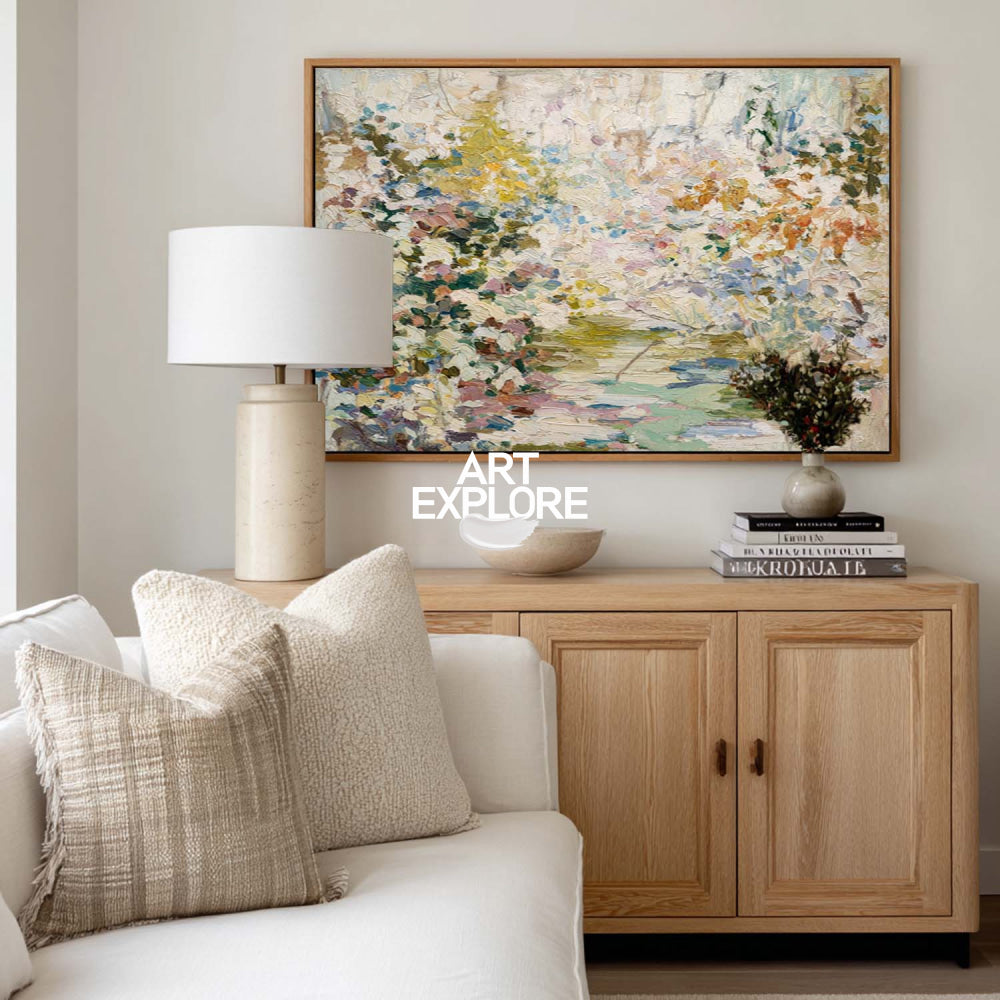 Abstract Botanical Garden Painting With Textured Impasto For Modern Home Decor