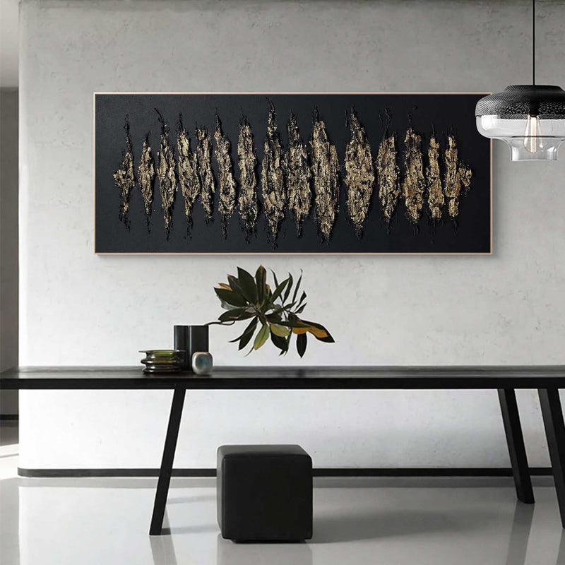 Large Black and Gold Abstract Art Minimalist Wall Art, Panoramic Canvas Wall Art Acrylic Painting