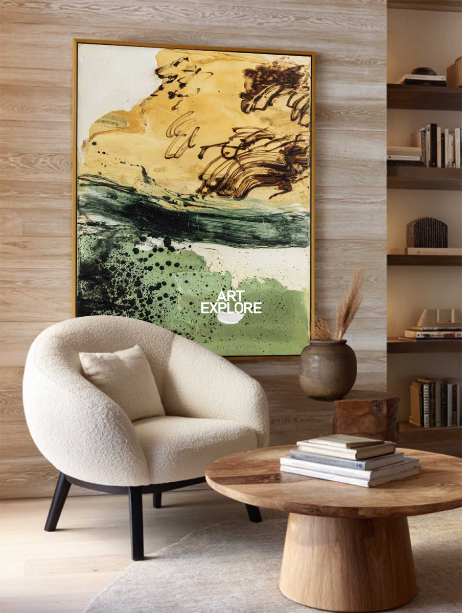 Modern Abstract Green And Gold Painting Vertical Canvas Wall Art For Living Room
