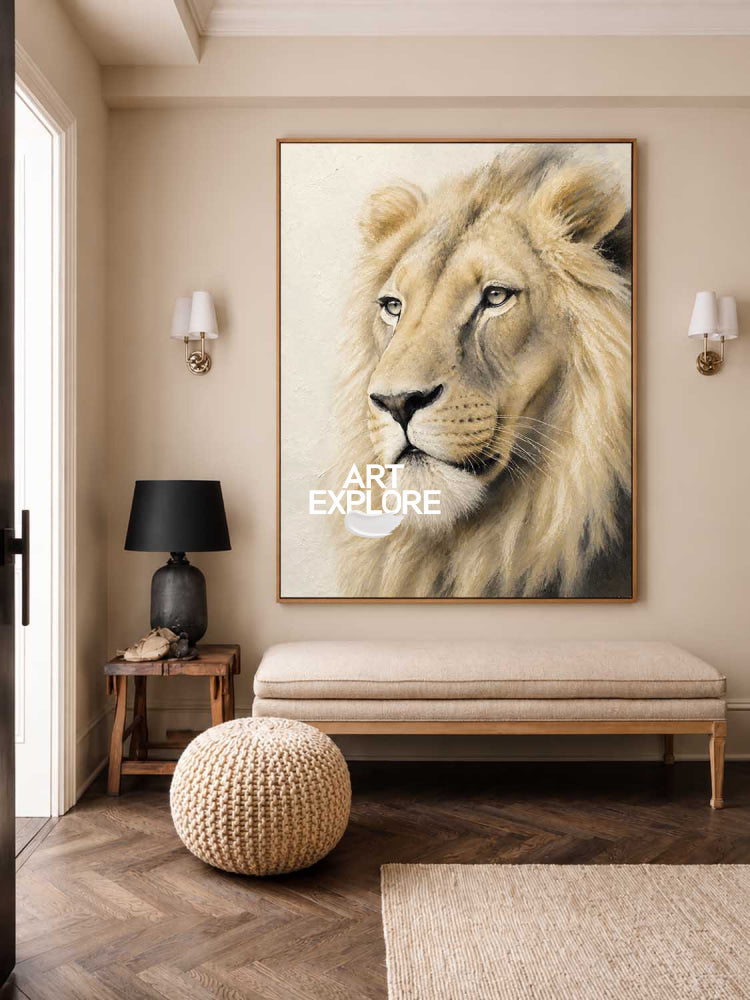 Majestic Lion Portrait Painting Textured Neutral Wall Art For Modern Living Room