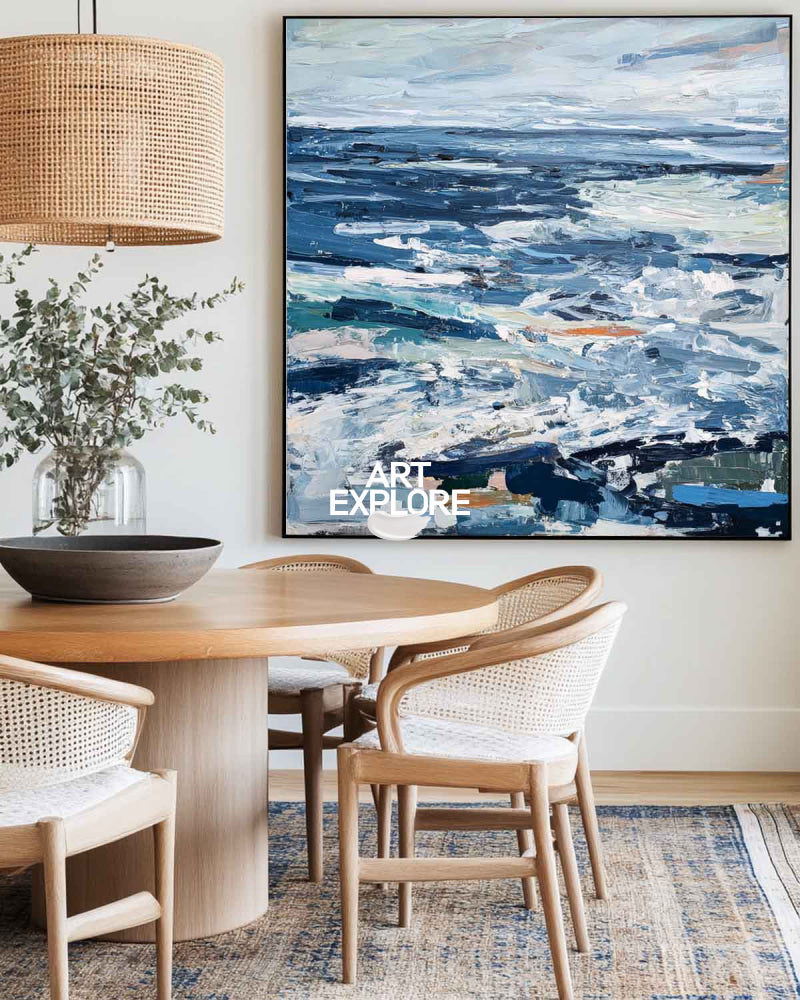 Abstract Ocean Painting Blue Seascape Art For Modern Home Decor