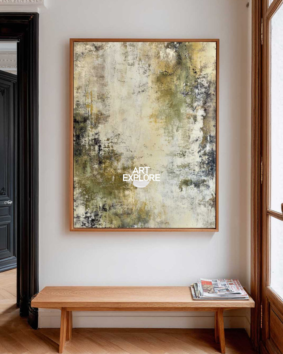 Neutral Abstract Masterpiece In Olive And Cream For Quiet Luxury Interior Styling