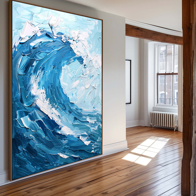Modern Blue Ocean Wave Wall Art Paintings White Blue Surf Art Canvas ...