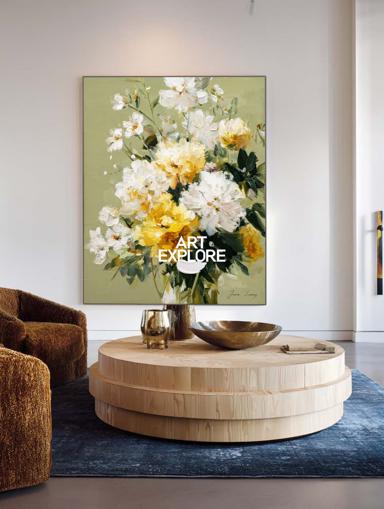 Contemporary Floral Oil Painting White Yellow Flowers Modern Wall Art For Living Room
