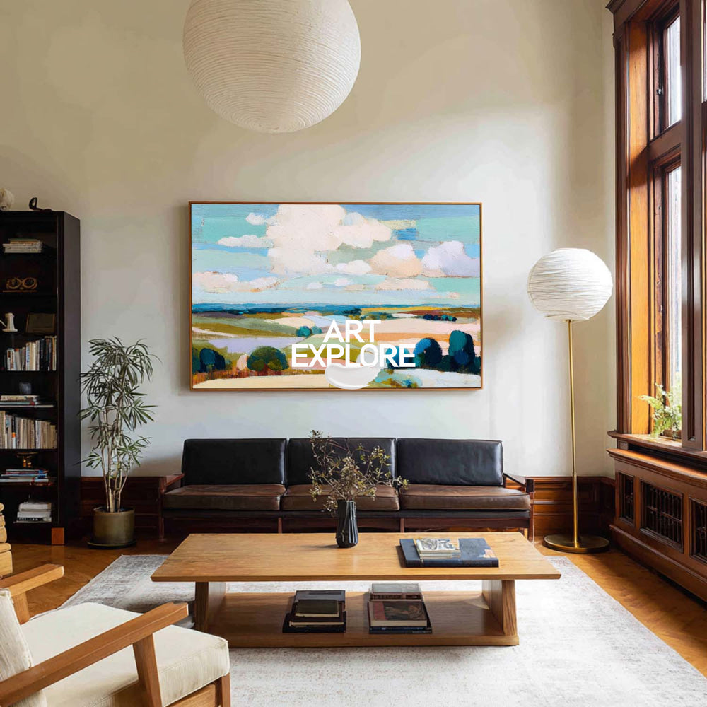 Contemporary Textured Landscape Painting With Blue Green Fields For Modern Home Decor