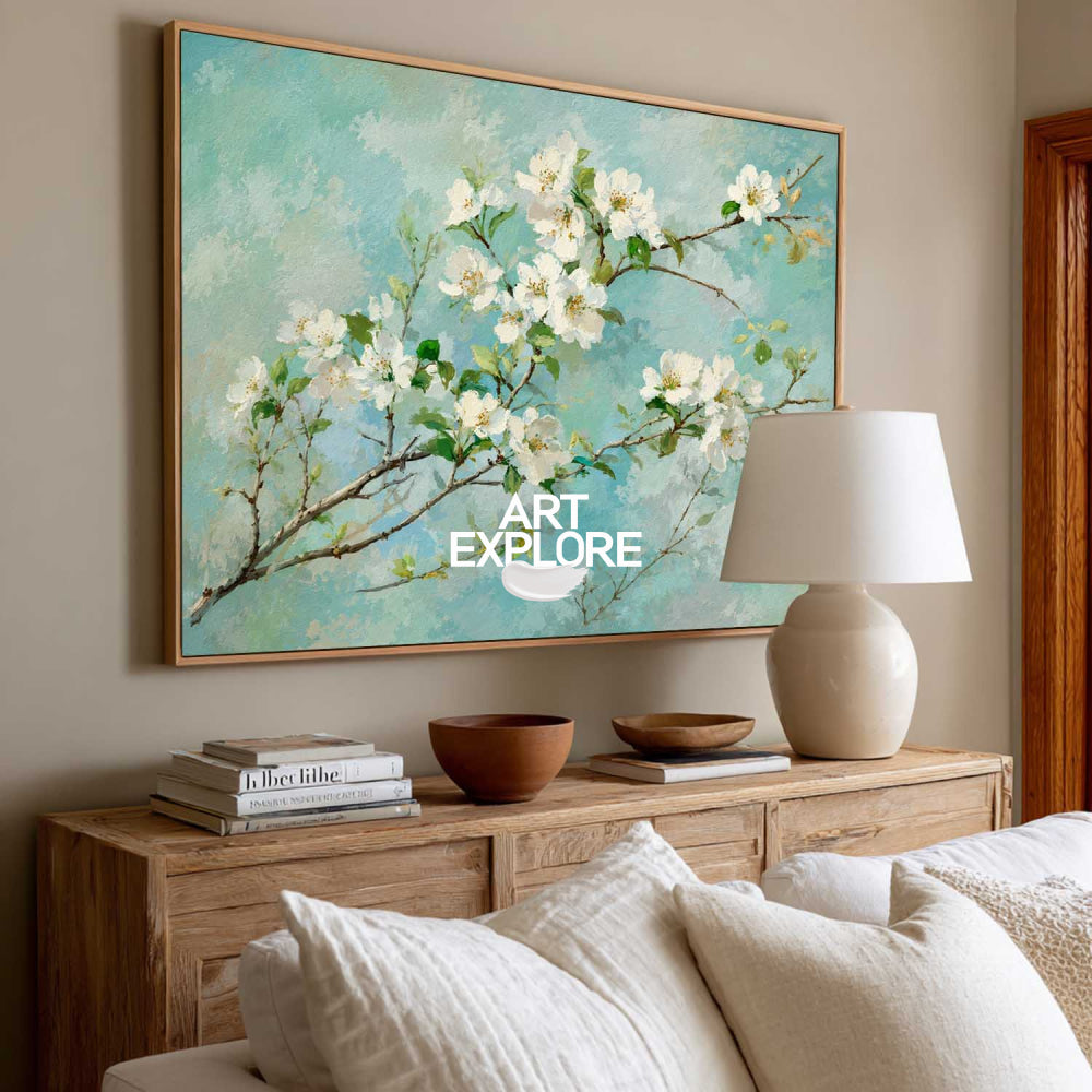 Abstract Impressionist Oil Painting Of Spring Flowers In Green And Blue Tones For Bedroom Wall Art