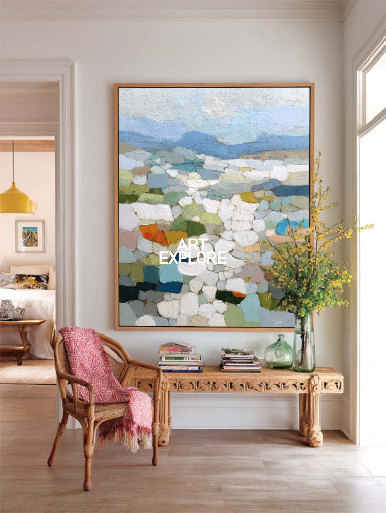 Mosaic Landscape Oil Painting With Textured Brushwork For Modern Living Room Decor