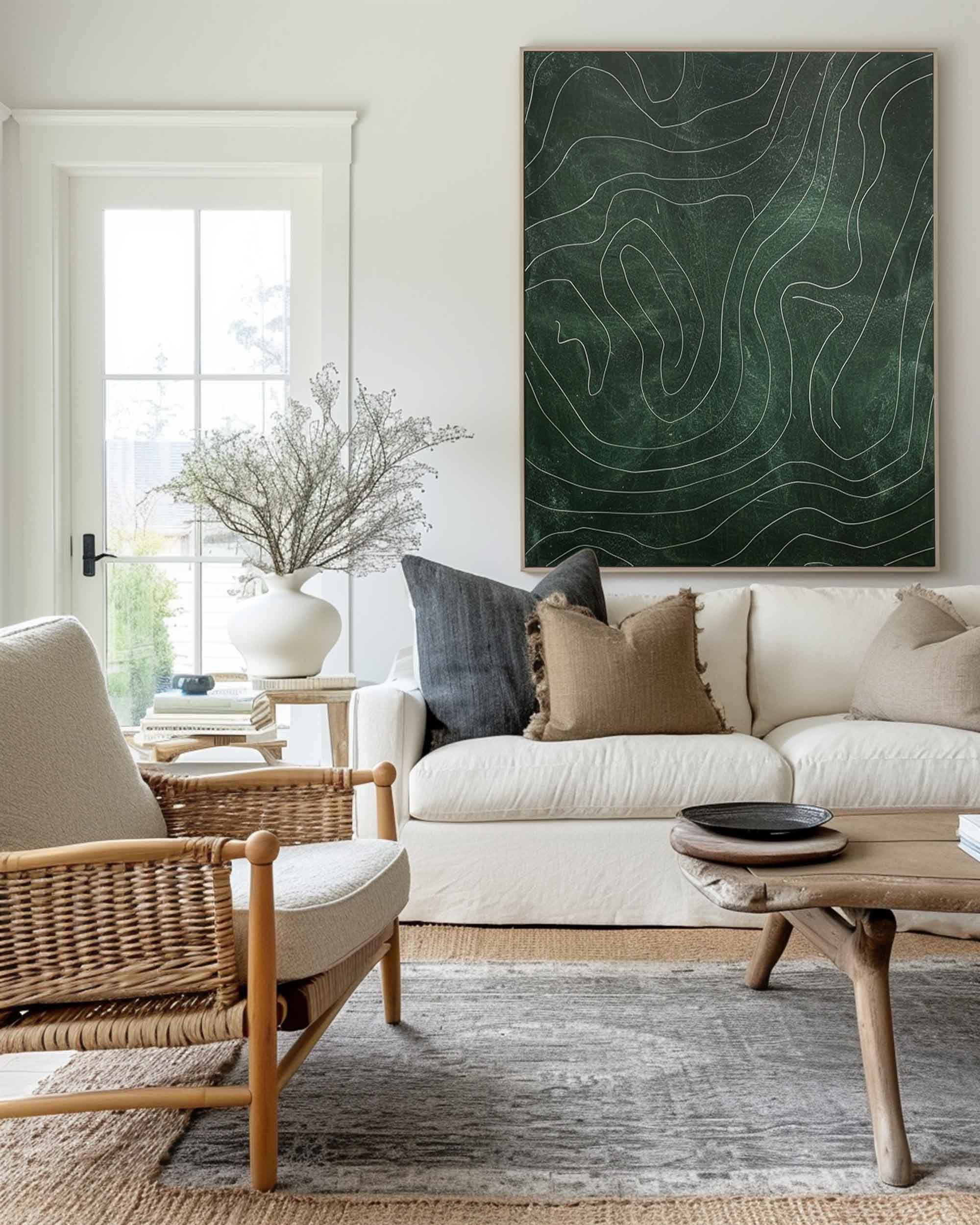 Modern Green Abstract Geometric Lines Decorative Painting Minimalist Green Wall Art Boho Abstract Wall Art Mid Century Decorations