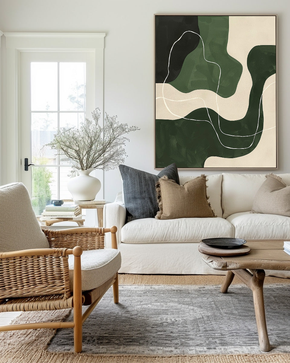 Abstract Green White Geometric Canvas Green Painting  Large Modern Minimalist Artwork For Living Room