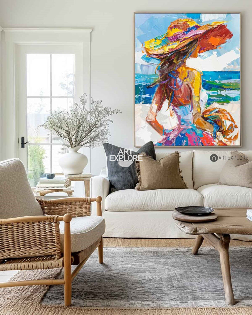 Girl On The Ocean Abstract Oil Painting, Joyful Woman At A Hawaiian Beach Art, Unique Colorful Art