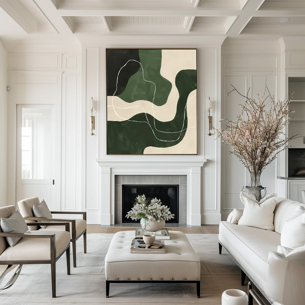 Abstract Green White Geometric Canvas Green Painting  Large Modern Minimalist Artwork For Living Room