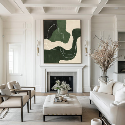 Abstract Green White Geometric Canvas Green Painting  Large Modern Minimalist Artwork For Living Room