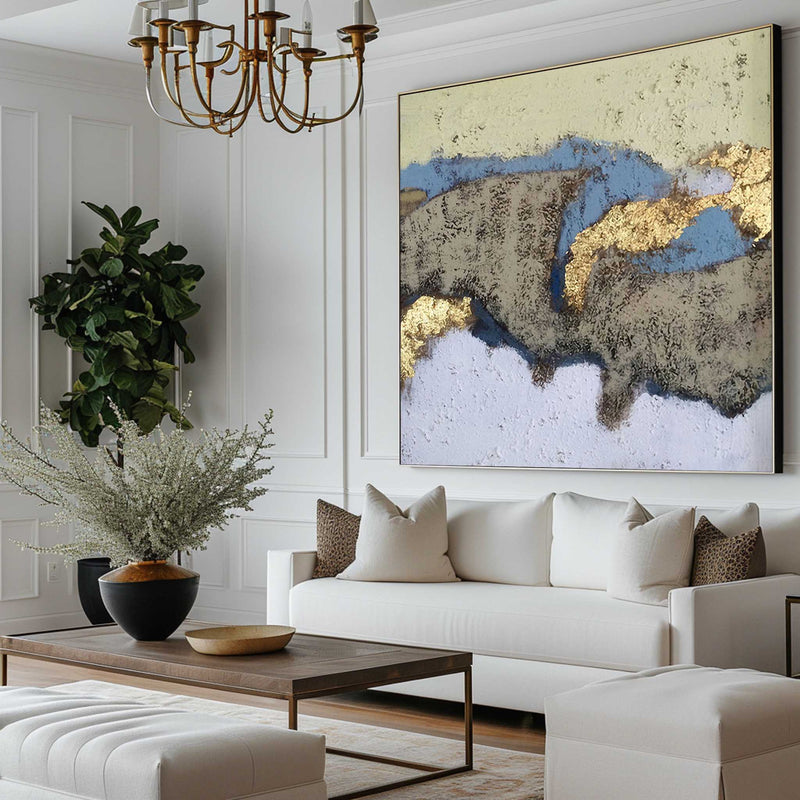 Gold Blue White Abstract Acrylic Wall Art Modern Paintings For Living Room