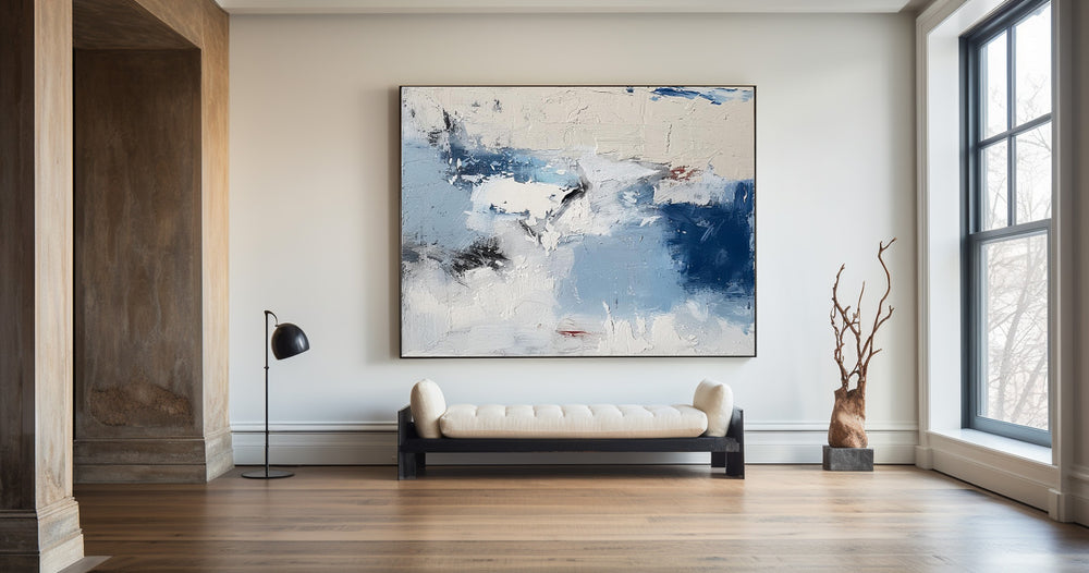 Modern Plaster Blue Textured Wall Art Large White Blue Minimalist Canvas Abstract Painting For Sale