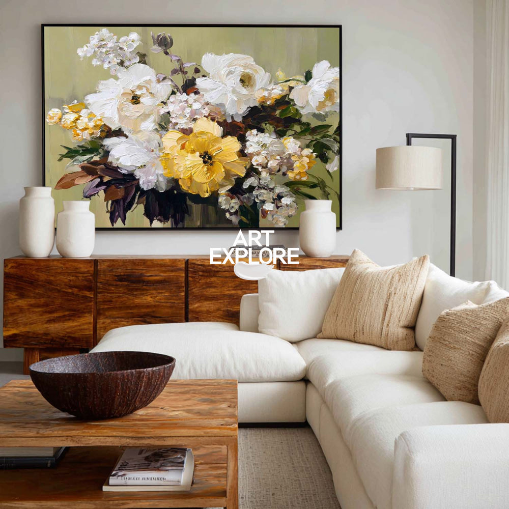 Modern Abstract Floral Oil Painting White Yellow Blossoms Textured Canvas Art For Home