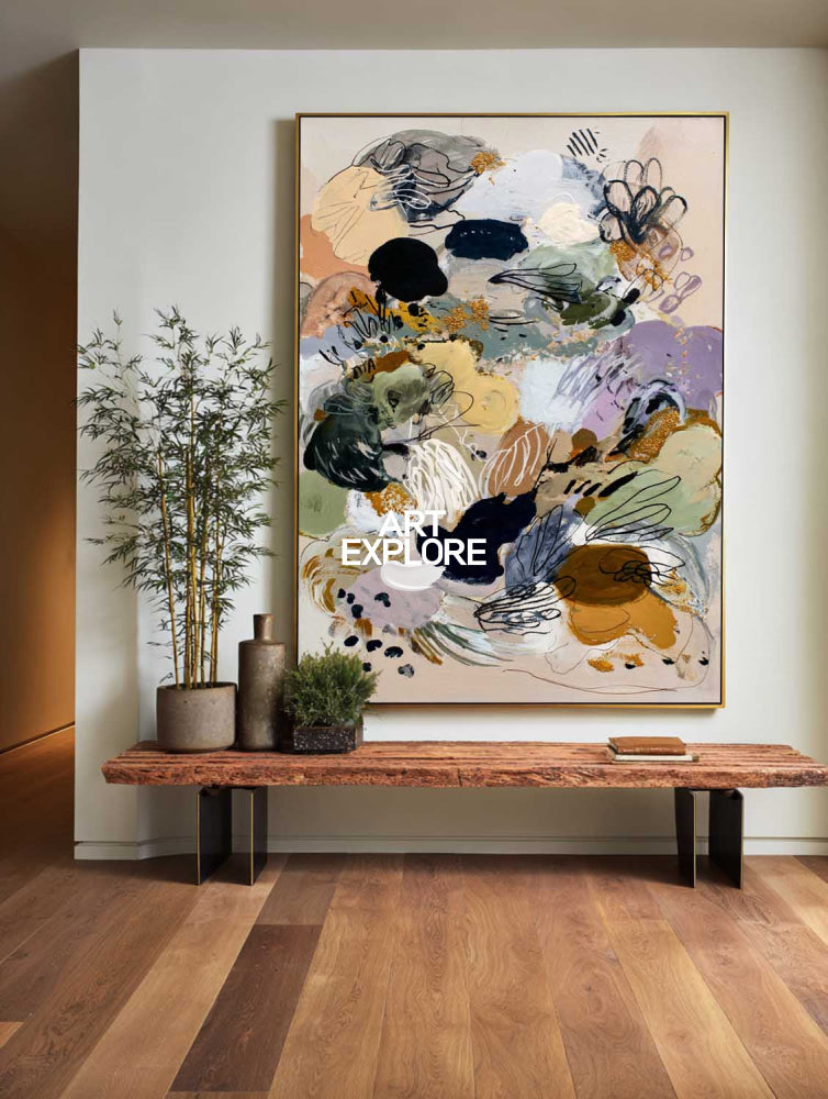 Handmade Textured Abstract Art On Linen Canvas With Earthy Tones And Black Details
