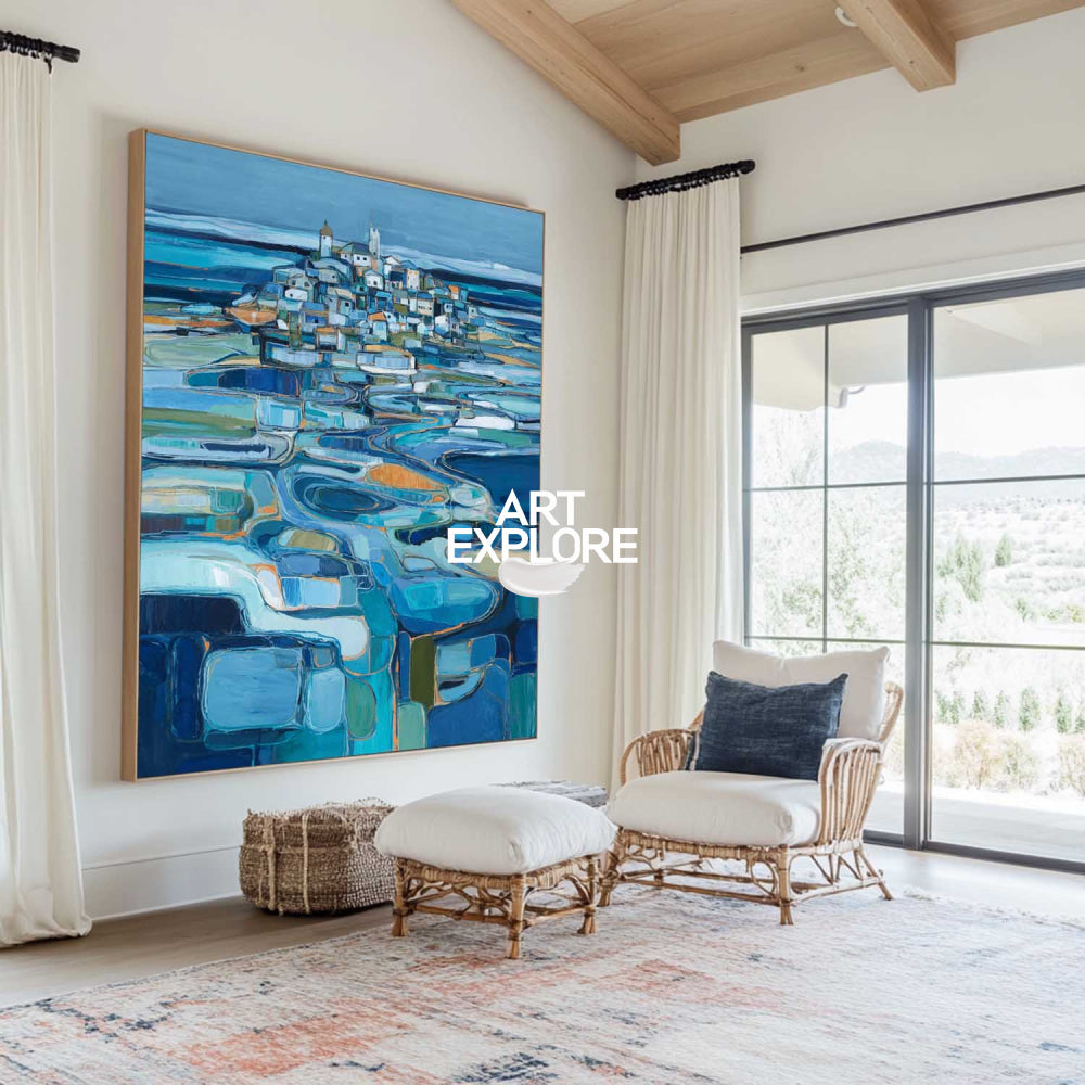 Blue And Orange Abstract Landscape Art With Textured Brushstrokes On Linen Canvas