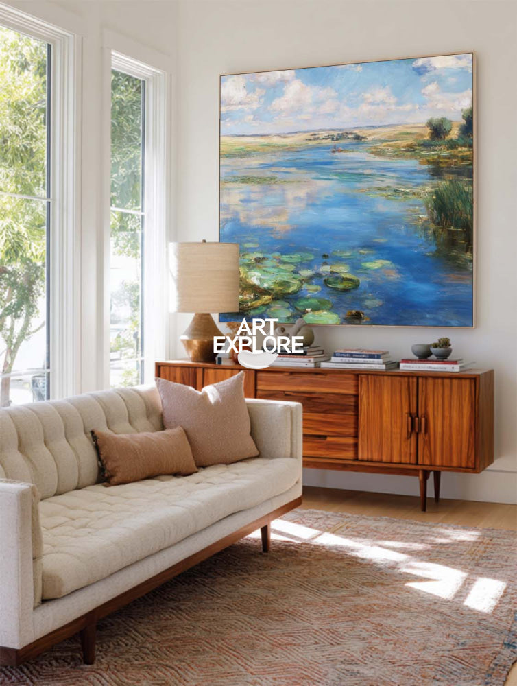 Original Impressionist Wetland Landscape Painting With Blue Sky And Green Water For Living Room Decor