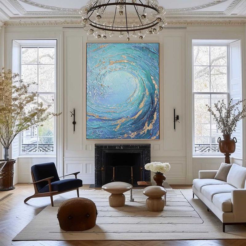 Blue Huge Wave Oil Painting On Canvas Large Abstract Ocean Wall Art Ocean Wave Painting Acrylic Textured Art Blue And Gold Abstract Painting