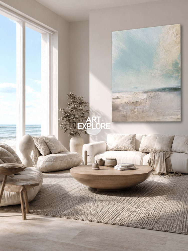 Original Nature Landscape Painting In Blue And Beige For Bedroom Wall Art Design