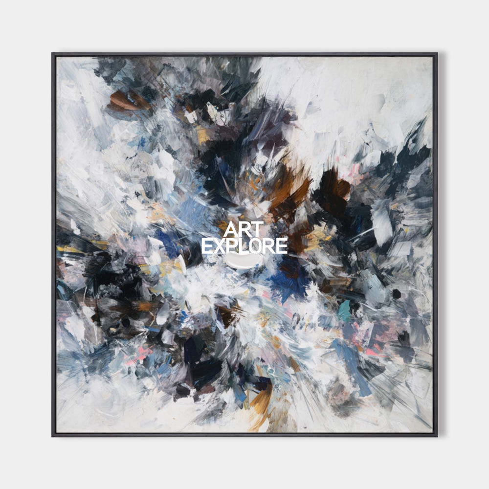 Modern Abstract Square Painting Black And White Textured Art For Living Room