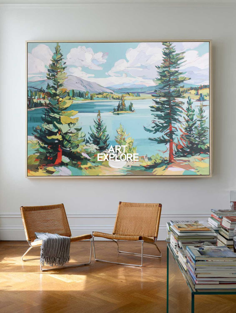 Abstract Green Landscape Painting With Trees And Lake For Modern Living Room Decor