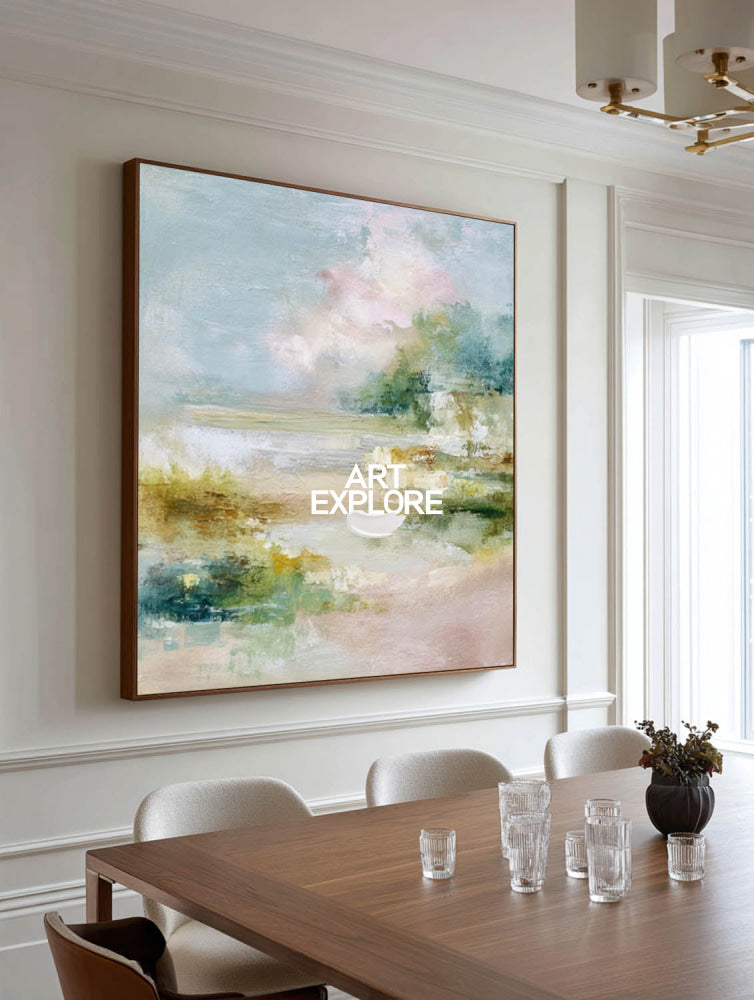 Abstract Estuary Landscape Painting With Soft Blues And Greens For Modern Home Decor