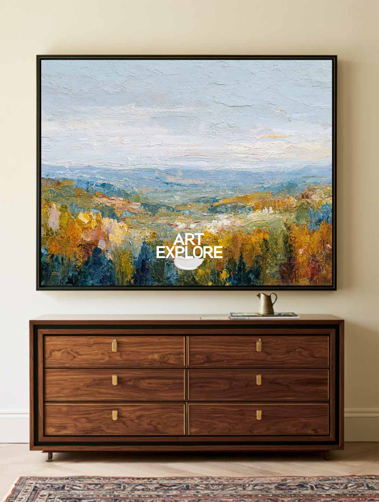 Original Impressionist Nature Art With Golden Autumn Hills And Sky