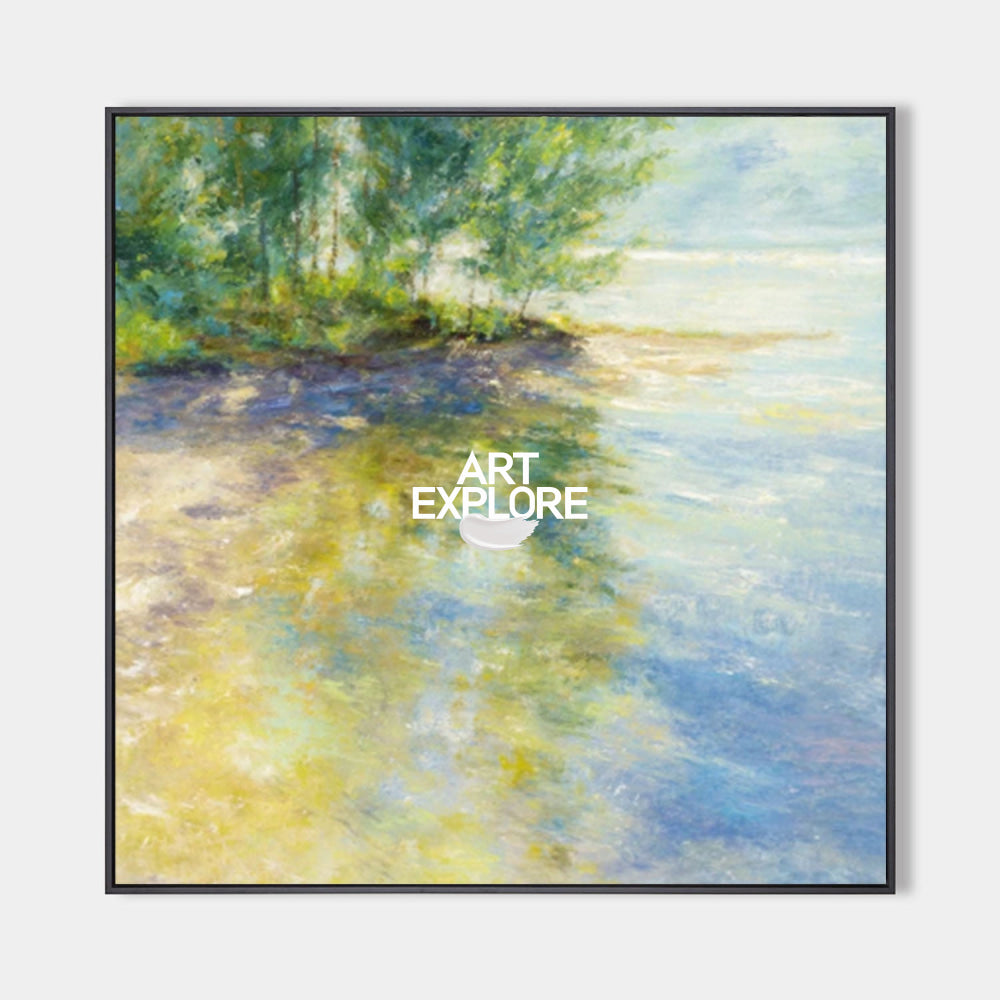 Textured Impressionist Lake Scene Oil Painting With Golden Accents For Modern Interior Design