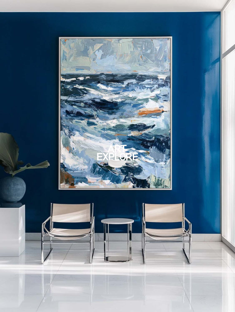 Original Abstract Seascape Painting Blue Wave Art For Living Room Decor