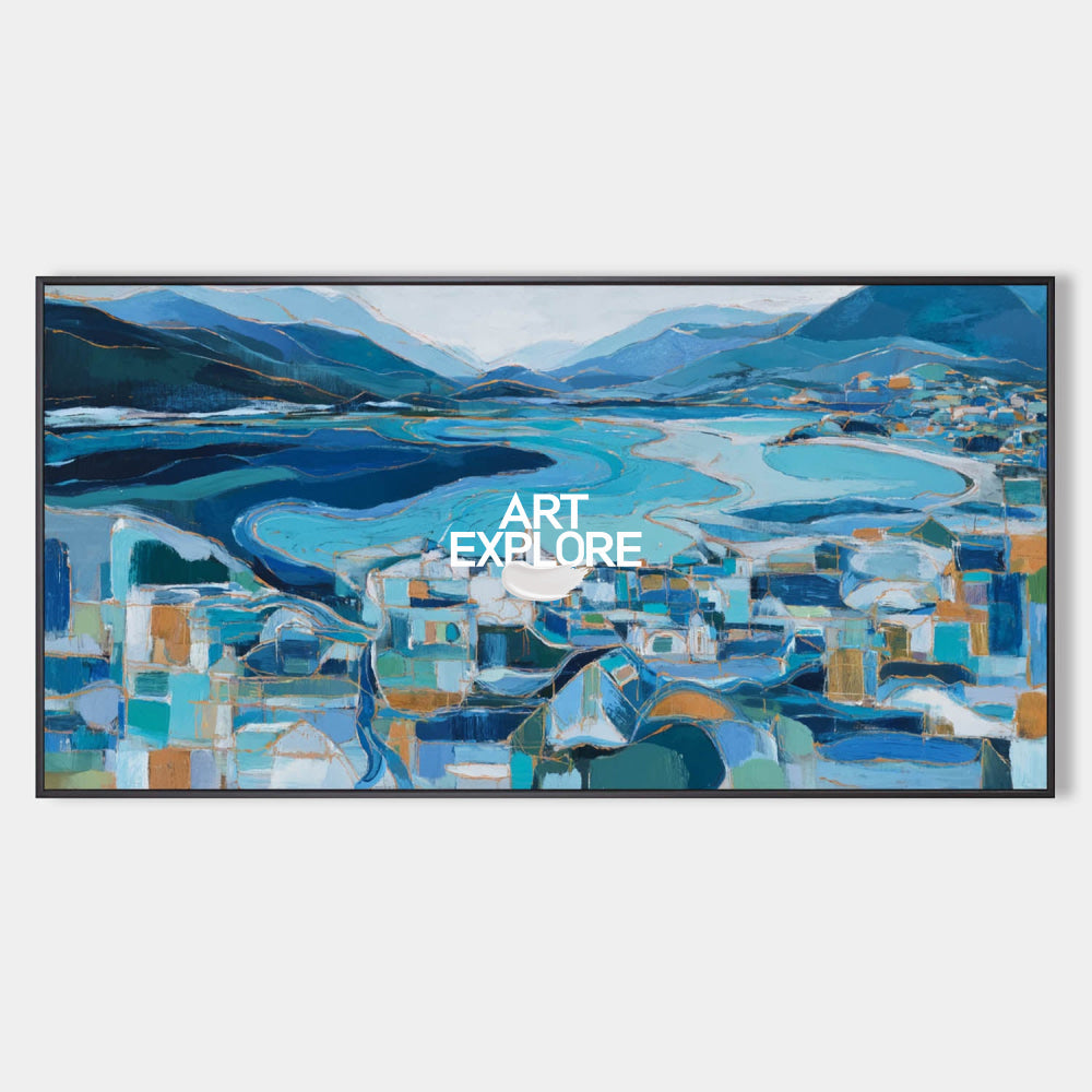 Abstract Coastal Seascape Painting With Gold Accents For Modern Living Room Decor