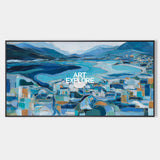 Abstract Coastal Seascape Painting With Gold Accents For Modern Living Room Decor