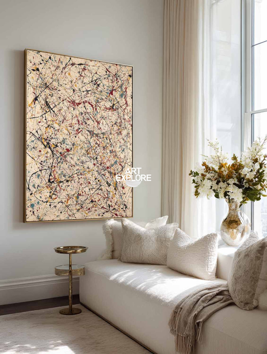 Modern Abstract Vertical Art With Beige And Multicolor Lines For Living Room