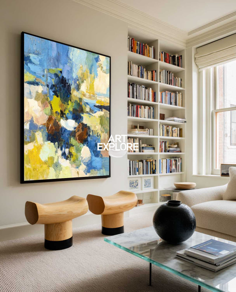 Vibrant Blue And Yellow Abstract Oil Painting On Linen Canvas For Modern Living Room Decor