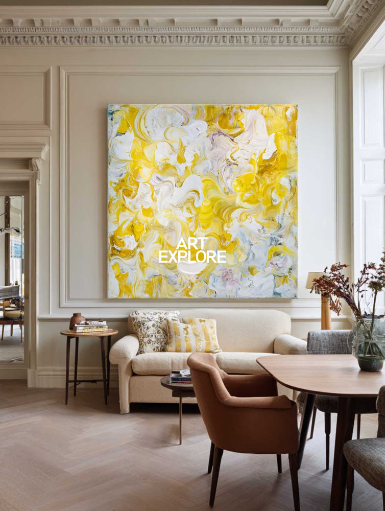 Vibrant Yellow Abstract Painting For Modern Living Room With Dynamic Brushstrokes