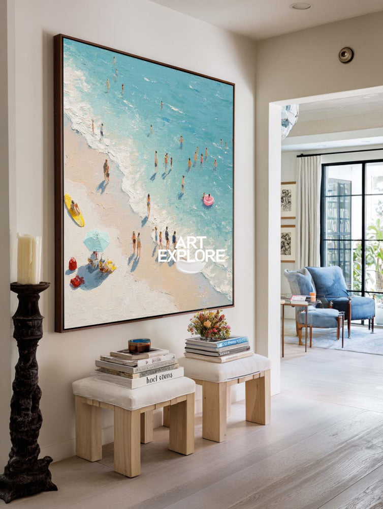 Modern Abstract Beach Painting With Textured Waves For Coastal Living Room Decor