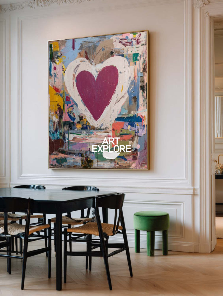 Original Abstract Heart Painting With Colorful Texture For Modern Living Room And Bedroom Decor