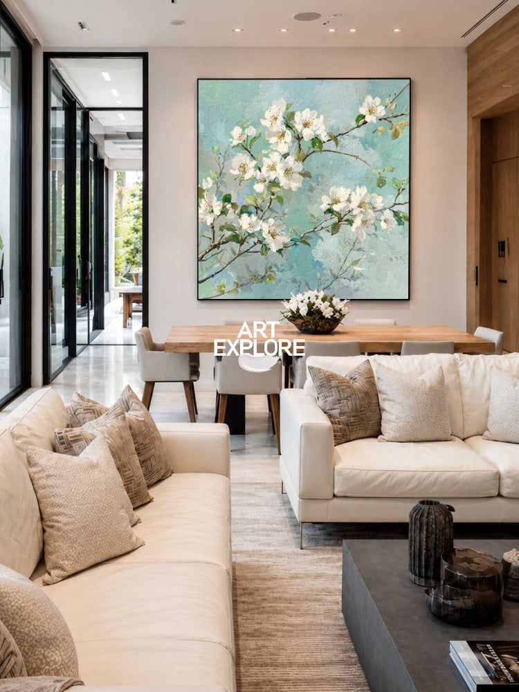 Modern White Blossom Art With Textured Green Leaves For Living Room