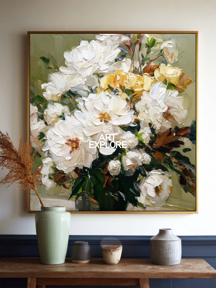 Textured White Peony Bouquet Painting Modern Floral Art For Living Room Decor