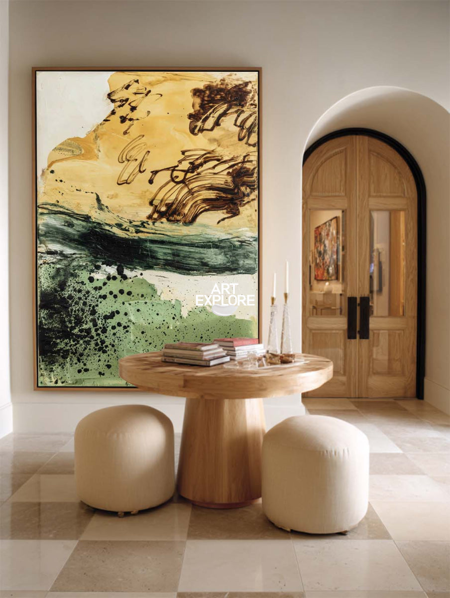 Modern Abstract Green And Gold Painting Vertical Canvas Wall Art For Living Room